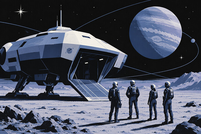 Large unidentified spacecraft with an open ramp on an atmospheric moon, four commanders nearby and a planet overhead