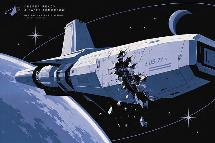 A sci-fi spacecraft hull with localized, physics-driven battle damage