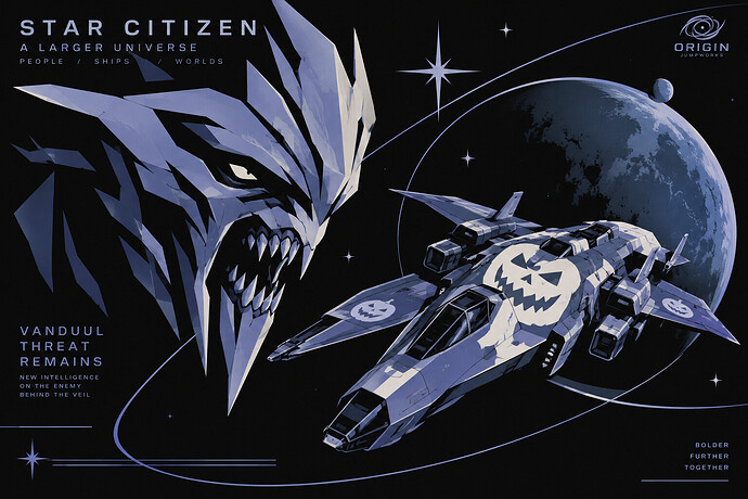 Snarling Vanduul mask beside Halloween-painted Star Citizen spacecraft