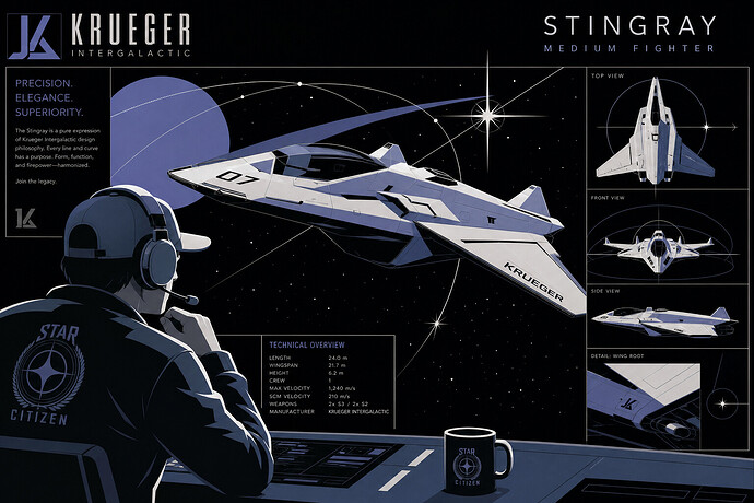 Star Citizen streamer examining the Krueger Stingray fighter