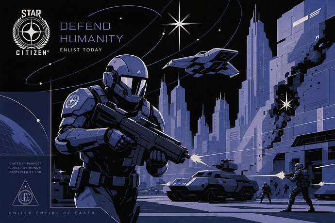 futuristic armored Star Citizen soldier in a city combat scene