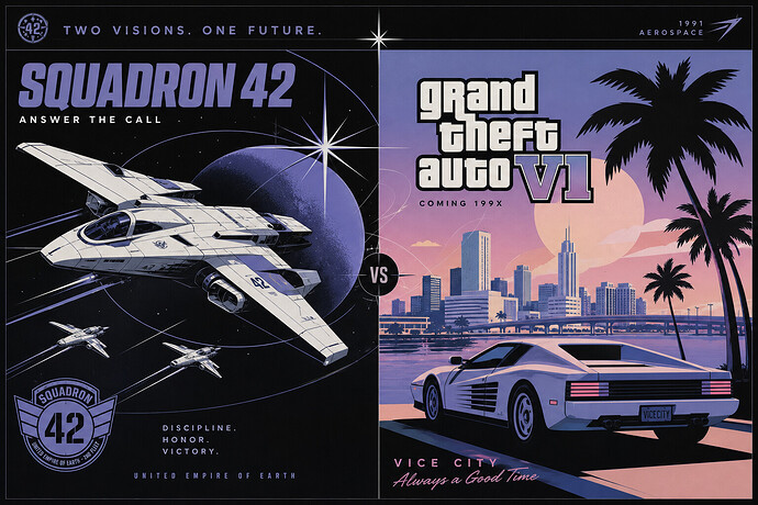 Squadron 42 spacecraft imagery contrasted with Grand Theft Auto 6 promotional art