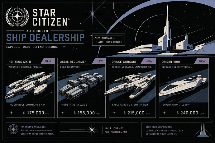 Star Citizen ship dealership with new ships and price displays