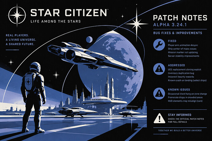 Star Citizen players and patch notes with bug fixes and warning icons