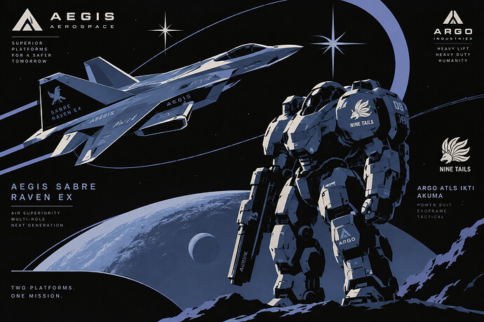 Aegis Sabre Raven EX fighter alongside the Nine Tails-liveried Argo ATLS IKTI Akuma power suit