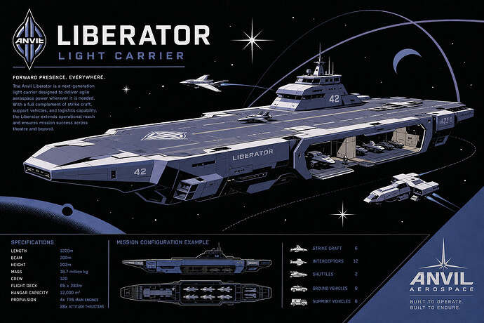 Anvil Liberator light carrier carrying small spacecraft and ground vehicles