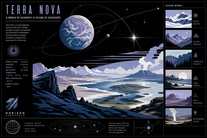 Sci-fi planet landscape with varied biomes and procedural terrain