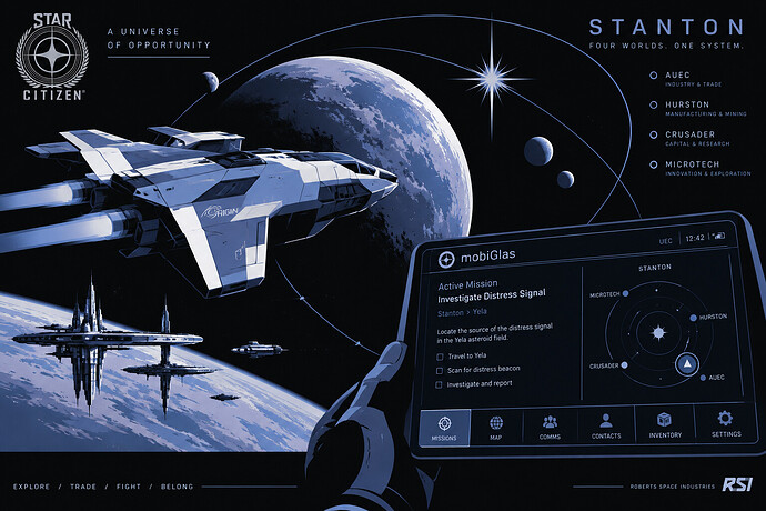 Star Citizen spacecraft and MobiGlas mission interface in the Stanton system