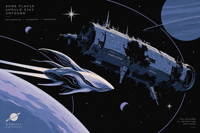 An organic No Man’s Sky starship flying past a haunted derelict freighter