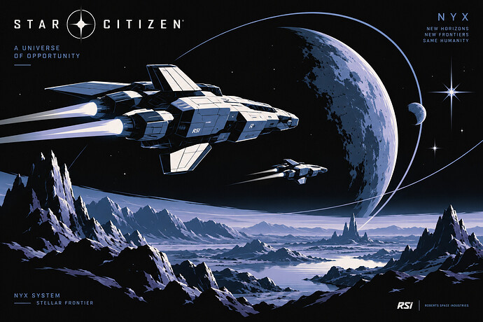 Star Citizen spacecraft flying above a rugged Nyx planetary landscape