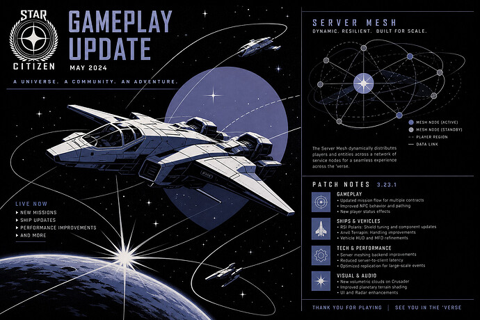 Star Citizen spaceship gameplay with server mesh and patch notes