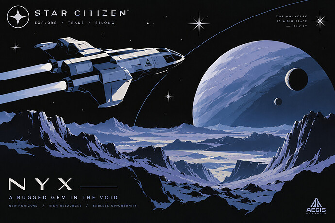 A Star Citizen spacecraft flying over the rugged Nyx landscape