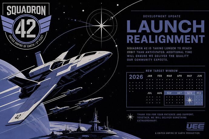 Squadron 42 sci-fi game artwork with a calendar delay indicator