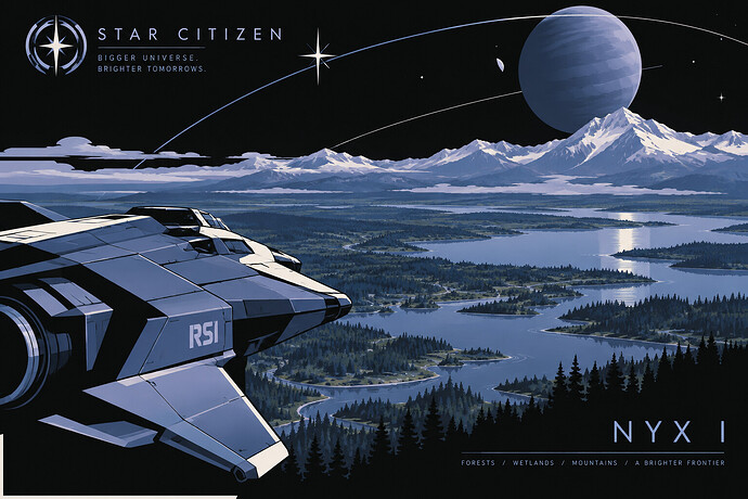 A Star Citizen ship overlooking Nyx I’s forested wetlands, lakes and distant snowy mountains