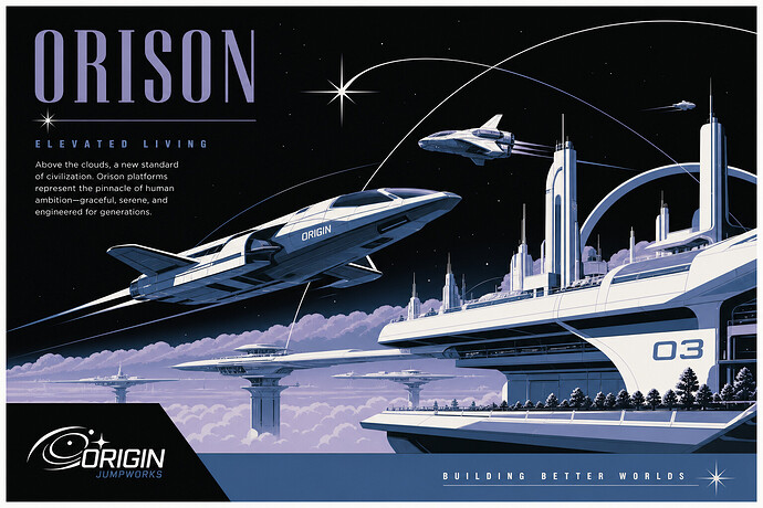 Star Citizen ships flying over futuristic Orison platforms