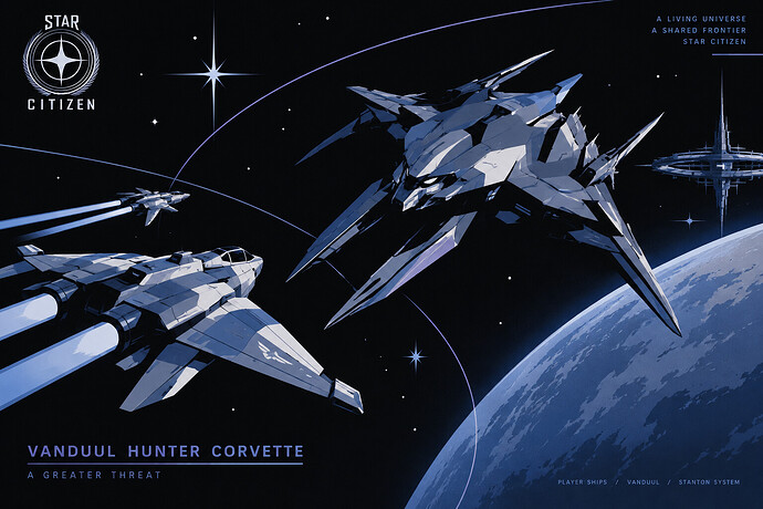 Vanduul Hunter Corvette confronting player ships in Star Citizen space