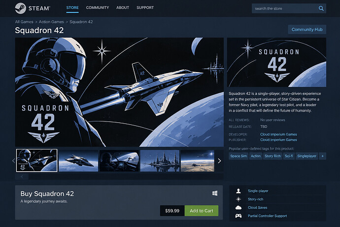 Squadron 42 Steam store page showing key art and a spacecraft
