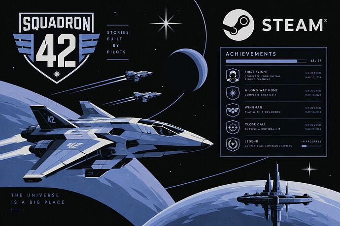 Squadron 42 spacecraft beside the Steam logo and an achievements interface
