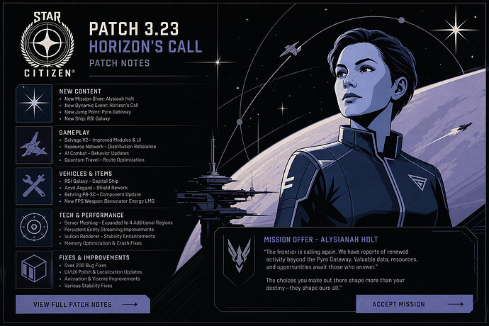 Star Citizen patch notes screen with mission giver artwork